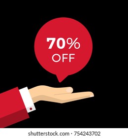 Flat Vector Illustration of a Businessman Hand Holding Black Friday 70% Sale Banner