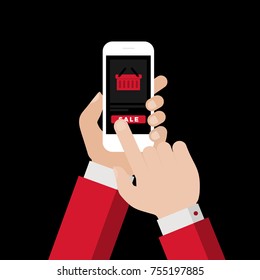 Flat Vector Illustration of a Businessman Hand Holding Phone with Online Shopping Basket on Screen. Black Friday Design Concept