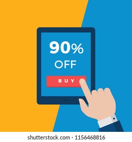 Flat Vector Illustration of Businessman Hands Holding Tablet with 90% Sale Tag on the Screen