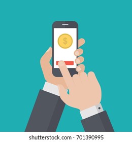 Flat Vector Illustration of Businessman Hands Holding Smartphone with a Gold Coin on Screen