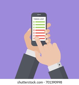 Flat Vector Illustration of Businessman Hands Holding Smartphone with a To Do List on Screen