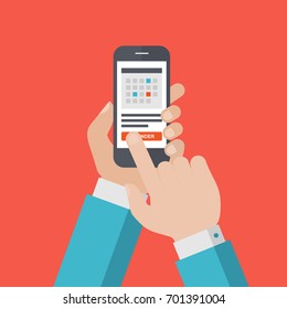 Flat Vector Illustration of Businessman Hands Holding Smartphone with a Reminder on Screen