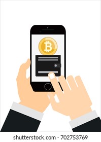 Flat Vector Illustration of Businessman Hands Holding Smartphone with a Bitcoin on Screen