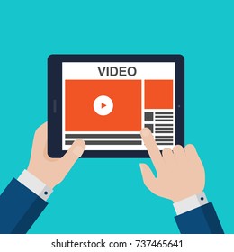 Flat Vector Illustration of Businessman Hands Holding Tablet with a Video Player on Screen