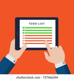 Flat Vector Illustration of Businessman Hands Holding Tablet with To Do List on Screen