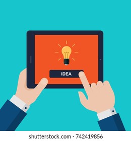 Flat Vector Illustration of Businessman Hands Holding Tablet with Idea Light Bulb on Screen
