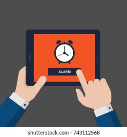 Flat Vector Illustration of Businessman Hands Holding Tablet with Alarm on Screen
