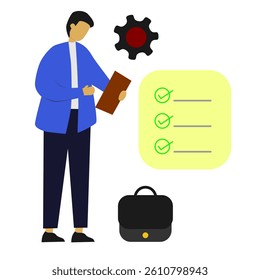 Flat vector illustration of a businessman holding a clipboard with a checklist, standing next to a gear symbol and suitcase. Perfect for concepts like project management, task completion, productivity