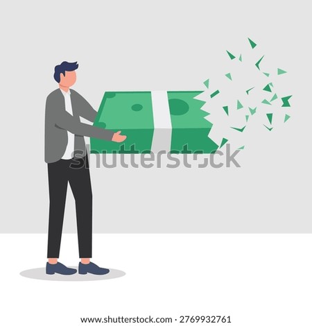 Flat vector illustration of a businessman holding cash that is breaking apart, symbolizing financial loss, investment risk, economic instability, and money depreciation.