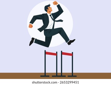 Flat vector illustration. Businessman jumping over obstacles
