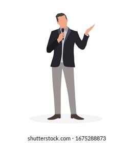 Flat vector illustration businessman as a keynote speaker, talk using a microphone. Perfect to use for website, mobile apps and for printing needs.