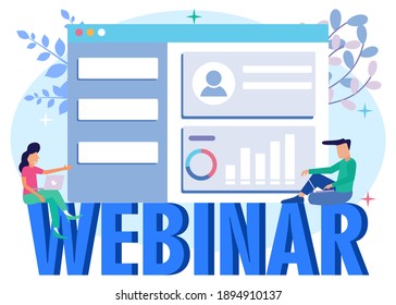 Ilustración de vectores planos. Empresario con un webinar para laptop desde la pantalla grande. La formación de la empresa y las plantillas de las páginas de inicio de las reuniones crean un negocio exitoso.