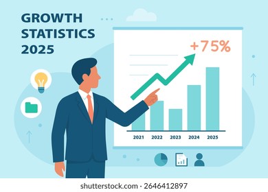 Ilustração de vetor plano de homem de negócios apontando para crescente gráfico de barras. Crescimento das empresas, estatísticas, sucesso, relatório financeiro anual de 2025.