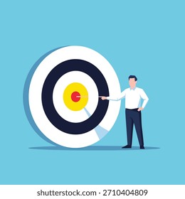 Ilustração de vetor plano de um homem de negócios apontando para um alvo em um fundo azul, simbolizando a estratégia de negócios e objetivos, isolado no fundo branco.