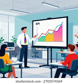 Ilustração vetorial plana de um homem de negócios apresentando um gráfico de linhas em uma tela para uma audiência.
