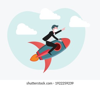 Flat Vector Illustration of Businessman Riding Rocket to Success