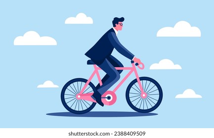 Flat vector illustration. Businessman riding a bicycle. Concept of careful attitude to nature, moving forward