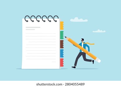 A flat vector illustration of a businessman running while holding a giant pencil to write on a large spiral notebook with colorful index tabs, representing planning and productivity.