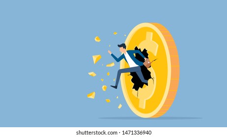 flat vector illustration businessman speed running breakthrough to dollar coin money concept