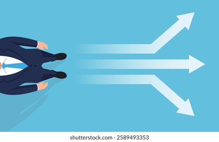 A flat vector illustration of a businessman standing from a top-down view with three branching arrows