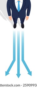 A flat vector illustration of a businessman standing from a top-down view with three branching arrows