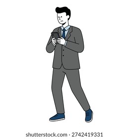 Flat vector illustration of businessman in suit looking at smartphone with worried expression. Clean outline style, isolated background, minimal palette. Ideal for themes of financial alerts, business stress, urgent messages, communication breakdown, and workplace pressure visuals.