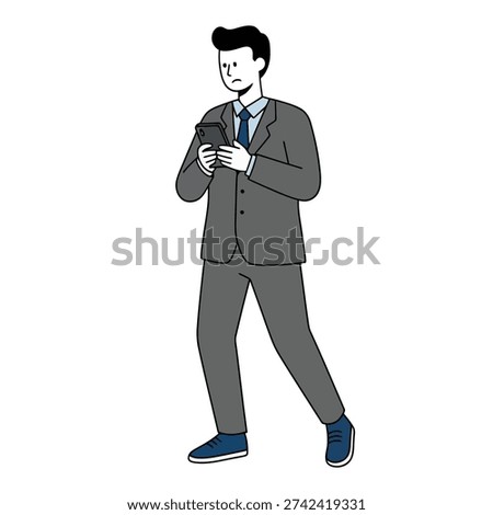 Flat vector illustration of businessman in suit looking at smartphone with worried expression. Clean outline style, isolated background, minimal palette. Ideal for themes of financial alerts, business stress, urgent messages, communication breakdown, and workplace pressure visuals.