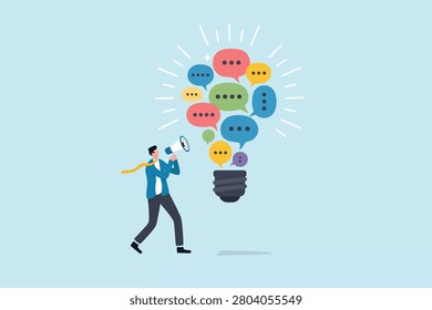 A flat vector illustration of a businessman using a megaphone to speak, forming a light bulb shape made of colorful speech bubbles representing ideas, communication, and innovation.