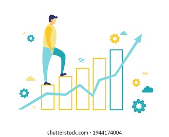 Flat vector illustration, businessman walking on yellow chart with blue arrow. Vision and business concept. Businessman stepping forward to achieve goals.
