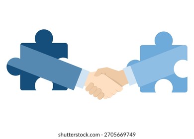 Ilustración vectorial plana de hombres de negocios dándole la mano a las piezas del rompecabezas. Simboliza Acuerdos de negocios, coordinación de alianzas, construcción de relaciones, acuerdos exitosos, contratos y negociaciones.