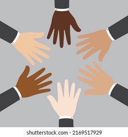Flat vector illustration of businessmen in suit putting their hands together. Business concept.