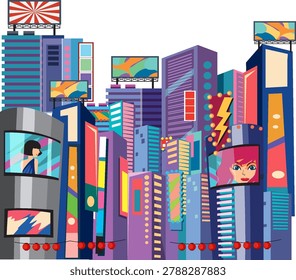 Flat vector illustration of a bustling metropolis with bright billboards, skyscrapers, and neon lights.