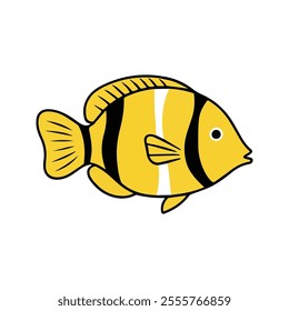 Flat vector illustration of a butterflyfish with yellow and black patterns, sleek fins, clean design, modern aesthetic, minimal style