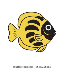 Flat vector illustration of a butterflyfish with yellow and black patterns, sleek fins, clean design, modern aesthetic, minimal style