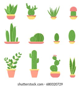 Flat vector illustration of cacti and succulents in pots. Set of cactus isolated on white background.