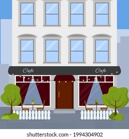 Flat vector illustration of cafe or restaurant at the first floor of walk-up residential apartment buildings. Isolated on white background.