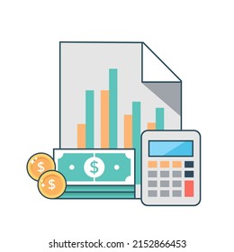 Flache Vektorgrafik von Taschenrechner, Geld und Papierbericht. Geeignet für Design-Element der Buchhaltung und Finanzen Illustration.