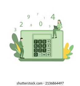 Flat Vector illustration of Calculator online. Accounting, financial analytics, bookkeeping, budget calculation, audit debit and credit calculations. Tiny people with calculating. Flat design