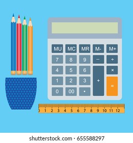 Flat vector illustration of the calculator, ruler and pencils
