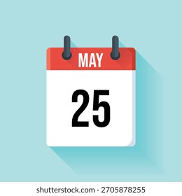 Ilustración vectorial plana de una página de calendario que muestra mayo con la fecha 25 mostrada en números negros en negrita contra un fondo blanco con un fondo azul claro.