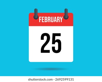 Flat vector illustration of calendar showing February 25th. Calendar displayed on bright blue background. Date concept with black bold number.