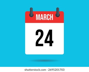 Flat vector illustration of a calendar showing March 24. The calendar is red and white with black number 24 isolated on a blue backdrop.