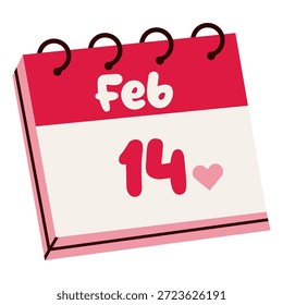 Ilustración vectorial plana de un calendario que muestra el 14 de febrero, ideal para el Día de San Valentín, eventos románticos, horarios de vacaciones y planificadores de celebraciones