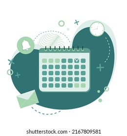 Ilustración vectorial plana del calendario con iconos de medios sociales sobre fondo abstracto. Se puede usar para banners web, infografías. Concepto de planificación, administración de tiempo, programación y correo electrónico.