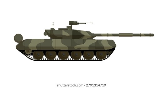 Flat vector illustration of a camouflaged main battle tank with cannon and machine gun, isolated on a white background.