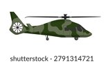 Flat vector illustration of a camouflaged military helicopter with tail fan, isolated on a white background for aviation design.