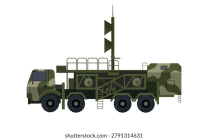 Flat vector illustration of a camouflaged military signal vehicle with antenna mast, isolated on a white background for defense design.