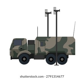 Flat vector illustration of a camouflaged military communication truck with antenna masts, isolated on a white background.