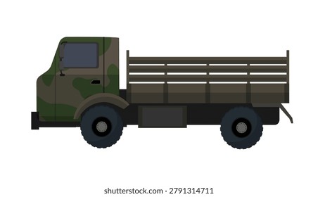 Flat vector illustration of a camouflaged military cargo truck in side view, isolated on a white background for transport design.