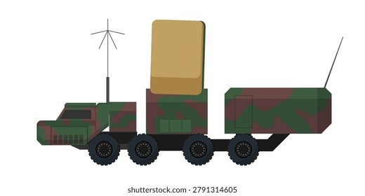 Flat vector illustration of a camouflaged mobile radar station with antennas, isolated on a white background for defense design.
